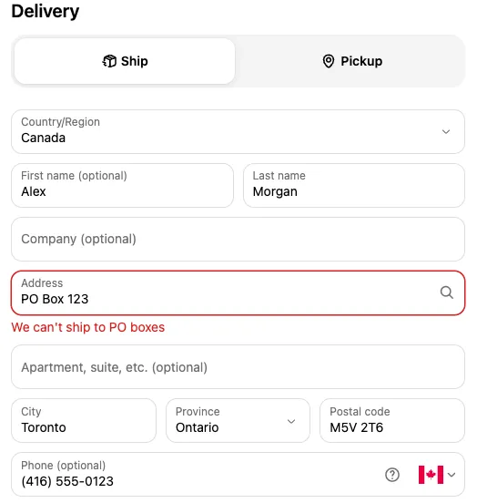 Checkout showing the address validator’s error under Address: ‘We can’t ship to PO boxes’