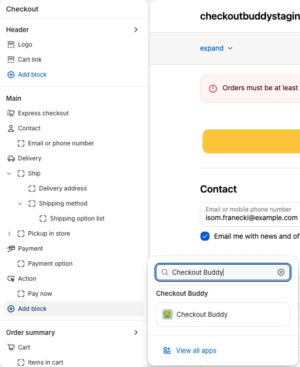 The Checkout Editor’s Add block menu under the Main section, searched for Checkout Buddy