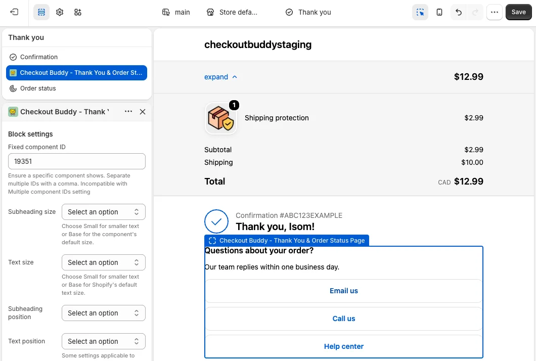 The Checkout Editor on the Thank you page with the Checkout Buddy - Thank You & Order Status Page app block selected and 19351 in Fixed component ID